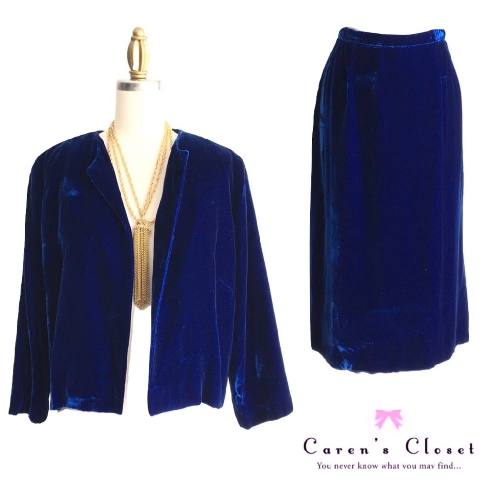 Vintage Royal Blue Velvet Pencil Skirt Suit - Picture 2 of 5